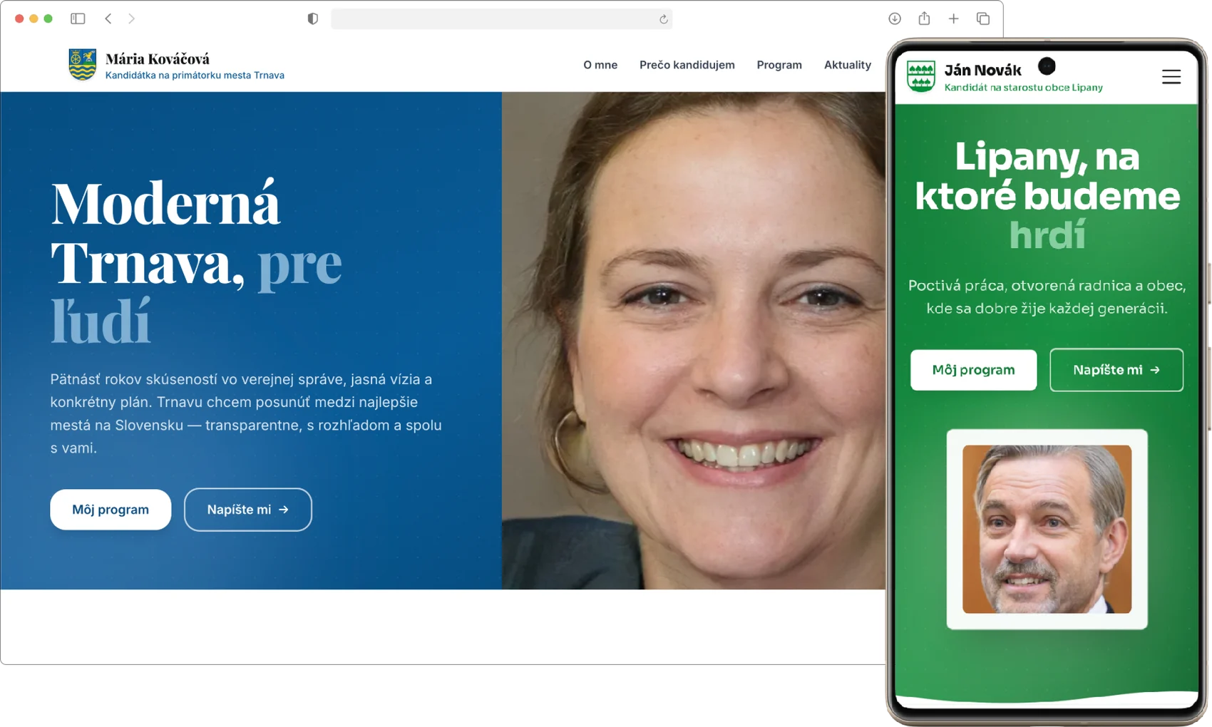 Kampaňový web pre kandidáta na komunálne voľby 2026 zobrazený na počítači a mobilnom telefóne
